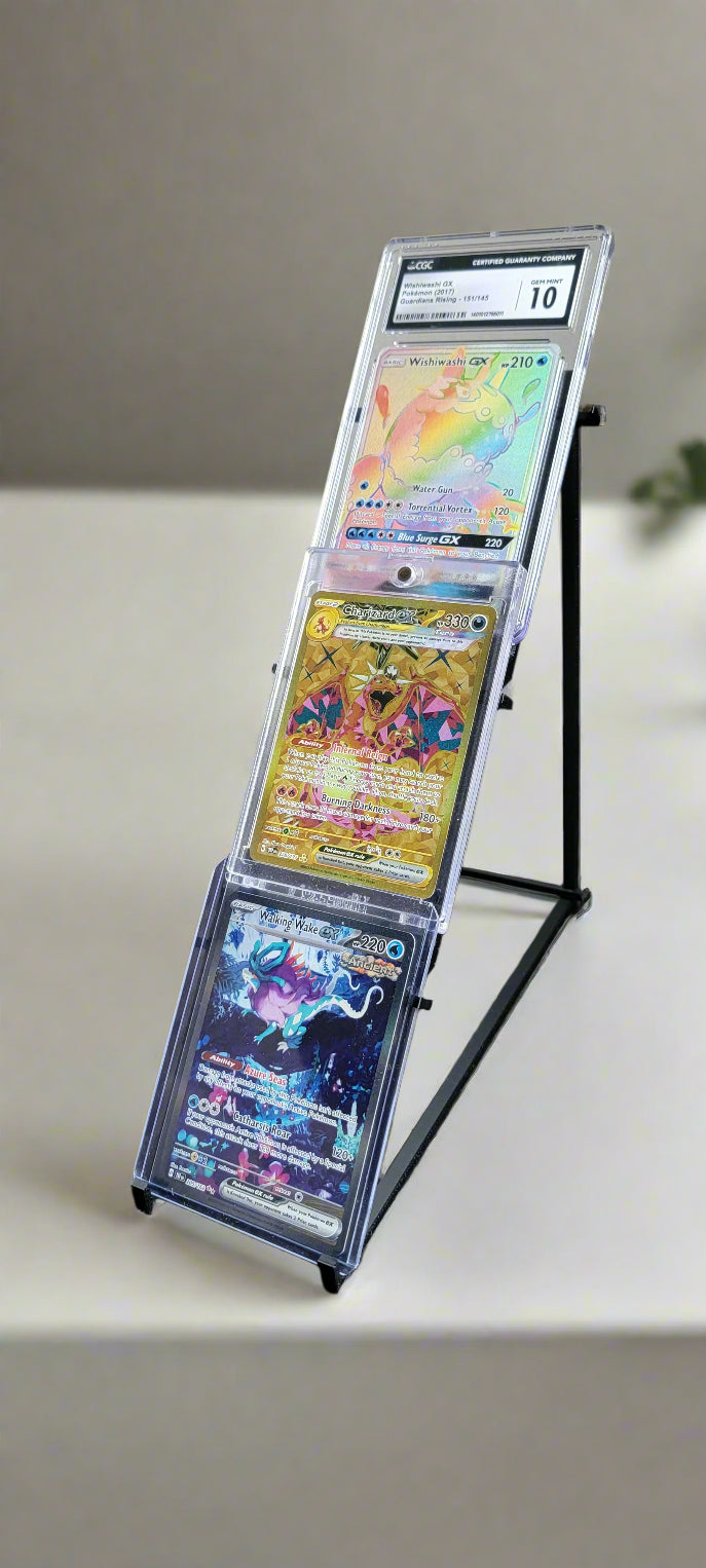 Card holder with trading cards on a white surface